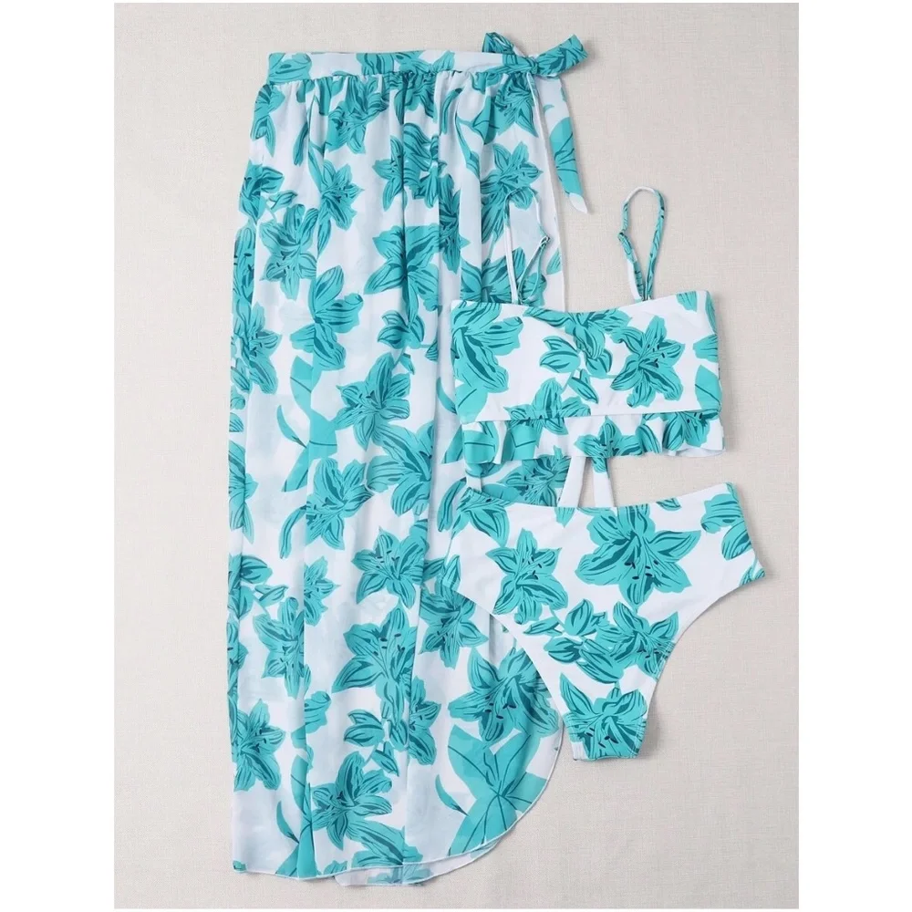 Boho Tropical Floral Print High Waist Bikini Cover up set - Picture 4 of 12